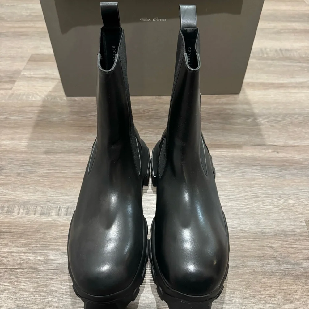 Rick Owens Beatle Bozo Tractor Black Leather Chelsea Platform Boots